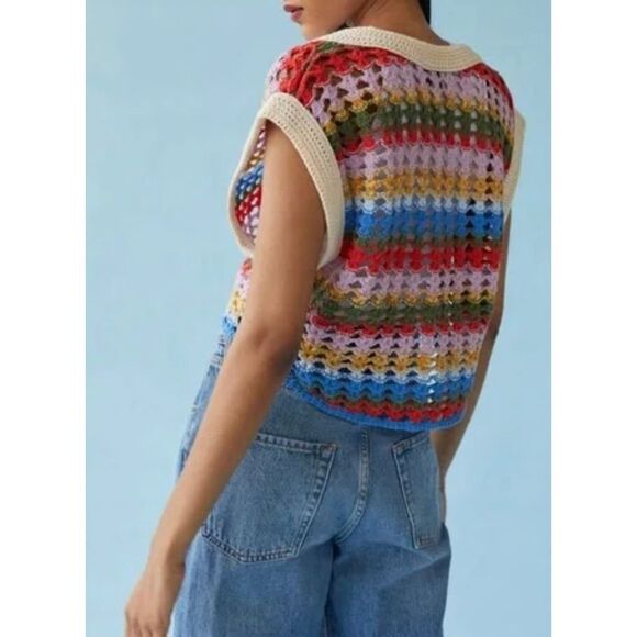 BDG Leigh Cropped Sweater Vest • Multi Color / Rainbow • Striped Crochet size xs - Picture 8 of 8
